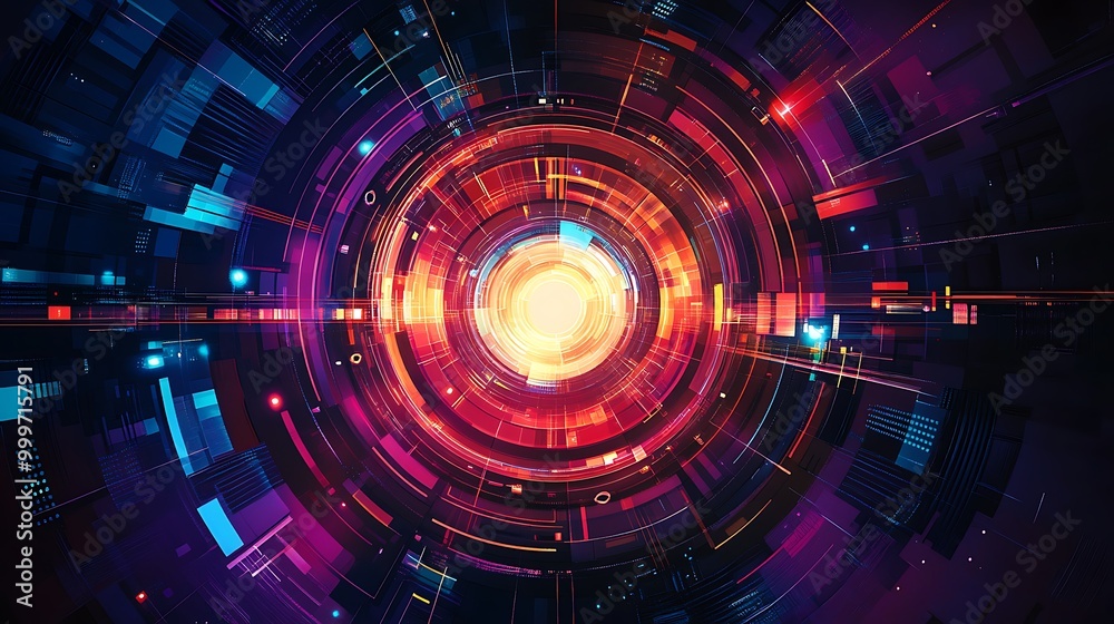 Abstract digital art with glowing lights and geometric shapes.