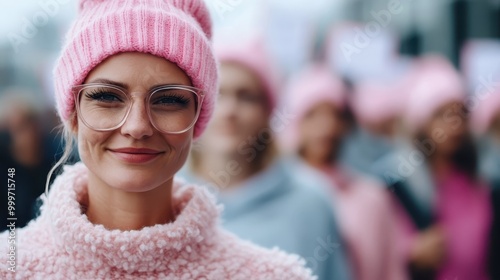 With a pink hat and matching outfit, a woman stands confidently in a protest gathering, exuding vibrancy and standing up for social causes in the crowd. photo