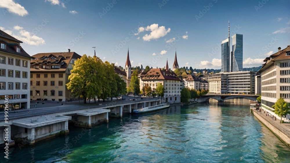 Fototapeta premium A view of Zurich’s financial district with modern skyscrapers, bridges, and the river 