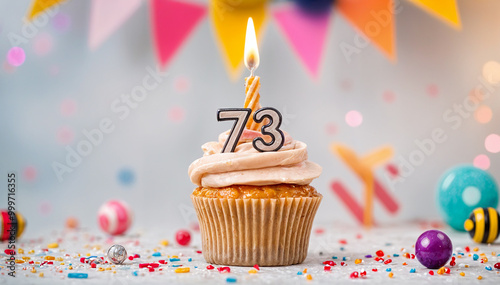 Birthday cupcake with burning lit candle with number 73. Number seventy-three for seventy-three years or seventy-third anniversary. photo