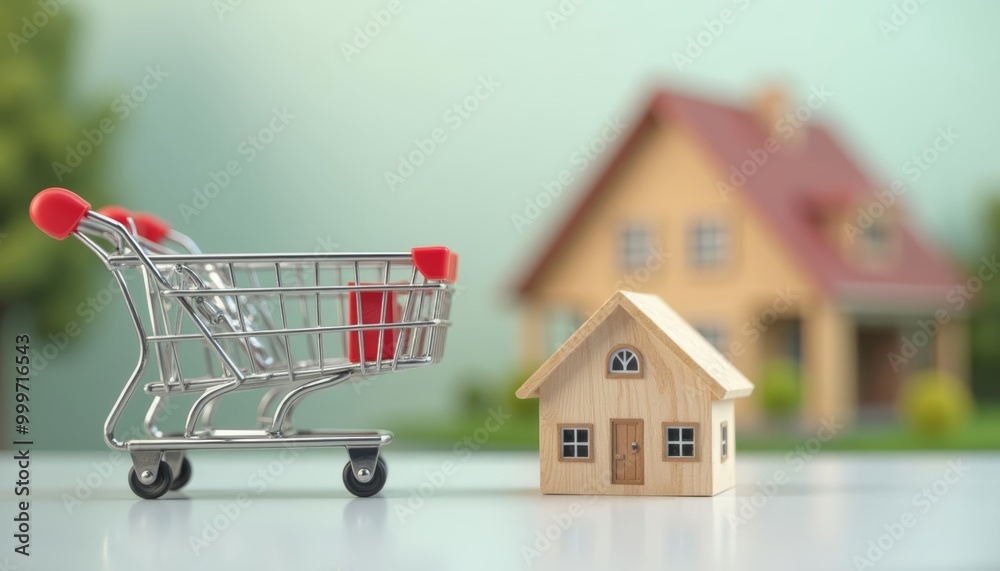 A miniature shopping cart in front of a model house A miniature shopping cart in front of a model house