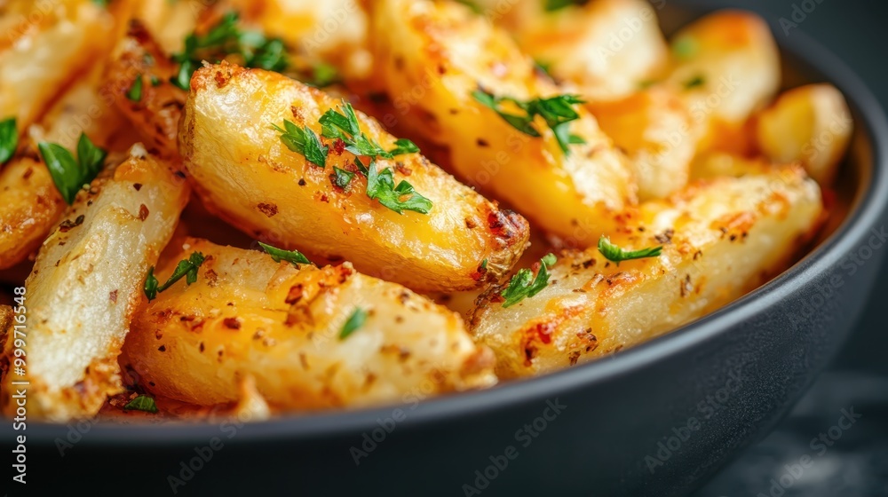 A close-up of crispy potato wedges fully cooked to perfection, garnished with freshly chopped green herbs, and served in a dark bowl, excellent for food lovers. A close-up of crispy potato wedges fully cooked to perfection, garnished with freshly chopped green herbs, and served in a dark bowl, excellent for food lovers.