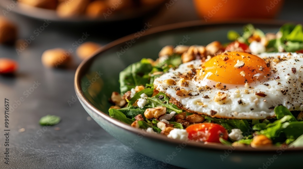 A healthy green salad topped with a perfectly cooked sunny-side-up egg, sprinkled with nuts and cheese, offering a nutritious and balanced meal full of colors and flavors. A healthy green salad topped with a perfectly cooked sunny-side-up egg, sprinkled with nuts and cheese, offering a nutritious and balanced meal full of colors and flavors.