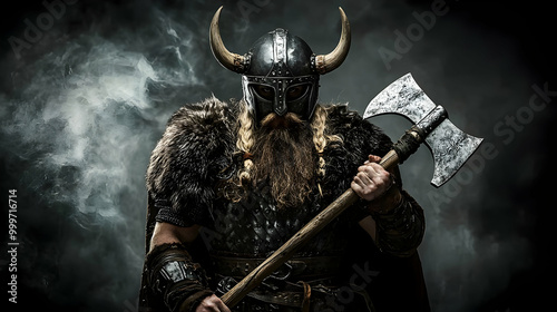 A Powerful Viking Warrior Stands Ready for Battle, Holding a Double-Headed Axe in Front of a Dark and Smoky Background.
