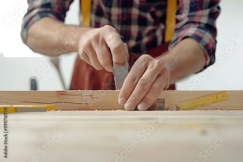 A person works on a wooden piece, shaping and carving with tools