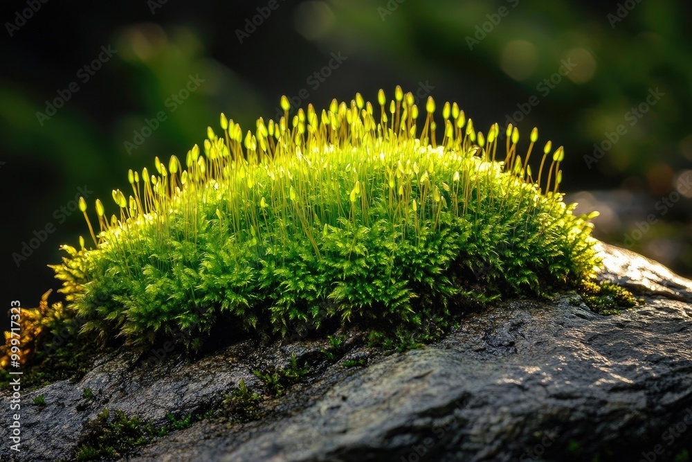 Velvet moss texture growing on a damp rock under soft, filtered light Velvet moss texture growing on a damp rock under soft, filtered light