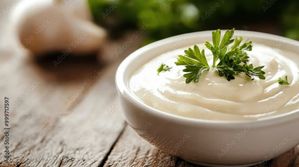 A small white bowl filled with creamy sauce, garnished with fresh parsley leaves, is set against a rustic wooden table, creating a visually pleasing culinary presentation. A small white bowl filled with creamy sauce, garnished with fresh parsley leaves, is set against a rustic wooden table, creating a visually pleasing culinary presentation.