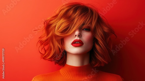 Capturing an individual with styled red hair matching the red background, this image demonstrates a chic aesthetic, accentuating the bold color and modern fashion trends.