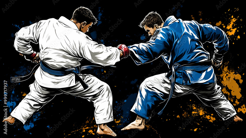 A Digital Illustration of Two Martial Arts Fighters in a Sparring Match with an Abstract Background A Digital Illustration of Two Martial Arts Fighters in a Sparring Match with an Abstract Background