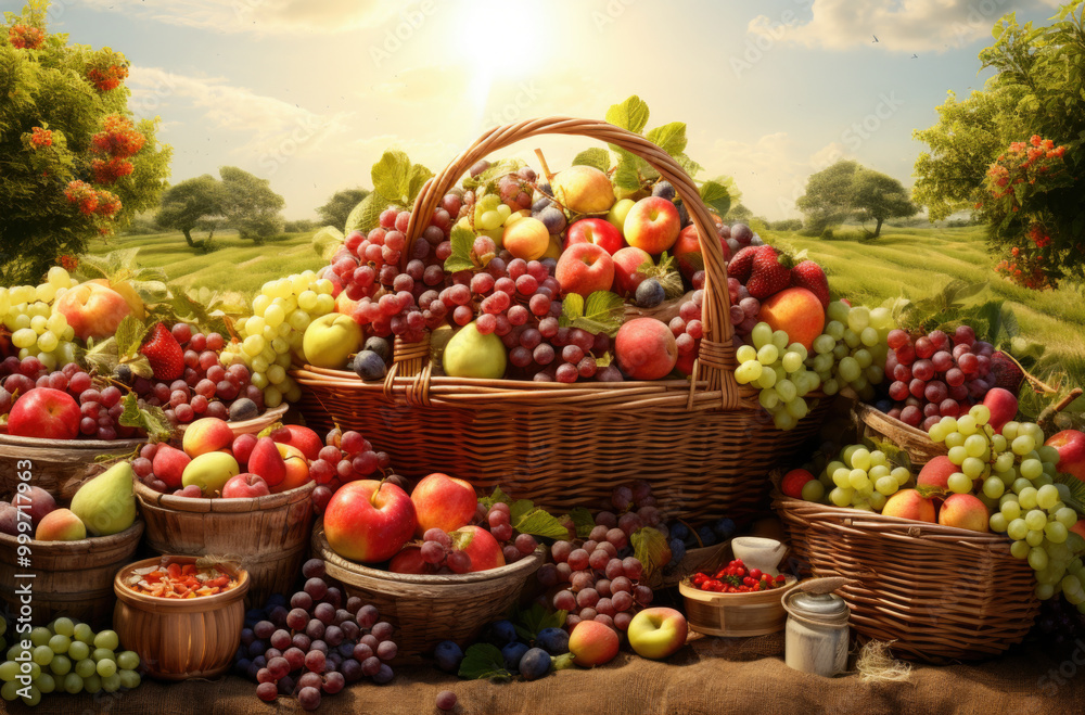 A large basket of fresh fruit surrounded by more assorted baskets A large basket of fresh fruit surrounded by more assorted baskets