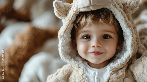 An adorable portrait of a young child smiling in a cozy animal hooded outfit, surrounded by plush toys, radiating warmth and joyful innocence.