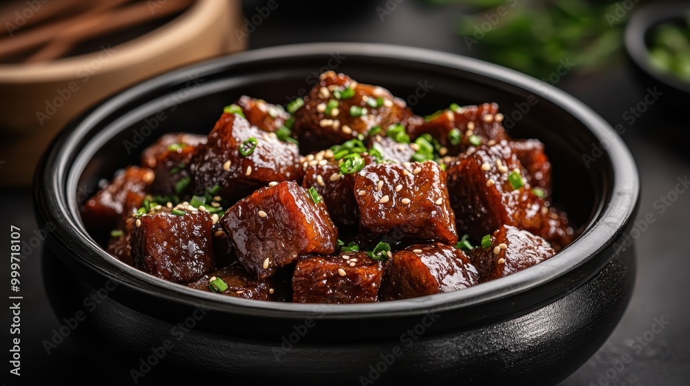 A close-up shot of delicious, perfectly glazed beef cubes garnished with green onions, served in an elegant black bowl, highlighting the rich taste and texture of the dish. A close-up shot of delicious, perfectly glazed beef cubes garnished with green onions, served in an elegant black bowl, highlighting the rich taste and texture of the dish.