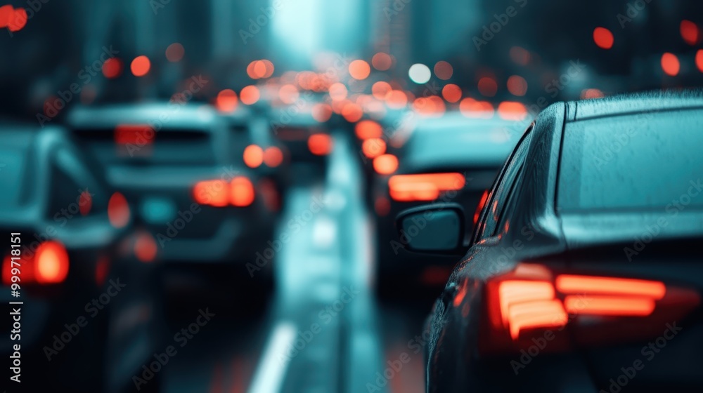 Captures the dense and busy nighttime city traffic, highlighting the blurred red brake lights of cars as they line up, reflecting the bustling urban environment. Captures the dense and busy nighttime city traffic, highlighting the blurred red brake lights of cars as they line up, reflecting the bustling urban environment.