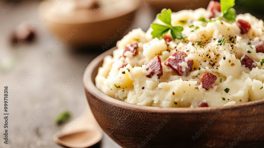 A bowl of mashed potatoes mixed with finely diced meat, garnished with fresh parsley, offering a savory and hearty dish ready for dining, placed on a rustic table. A bowl of mashed potatoes mixed with finely diced meat, garnished with fresh parsley, offering a savory and hearty dish ready for dining, placed on a rustic table.