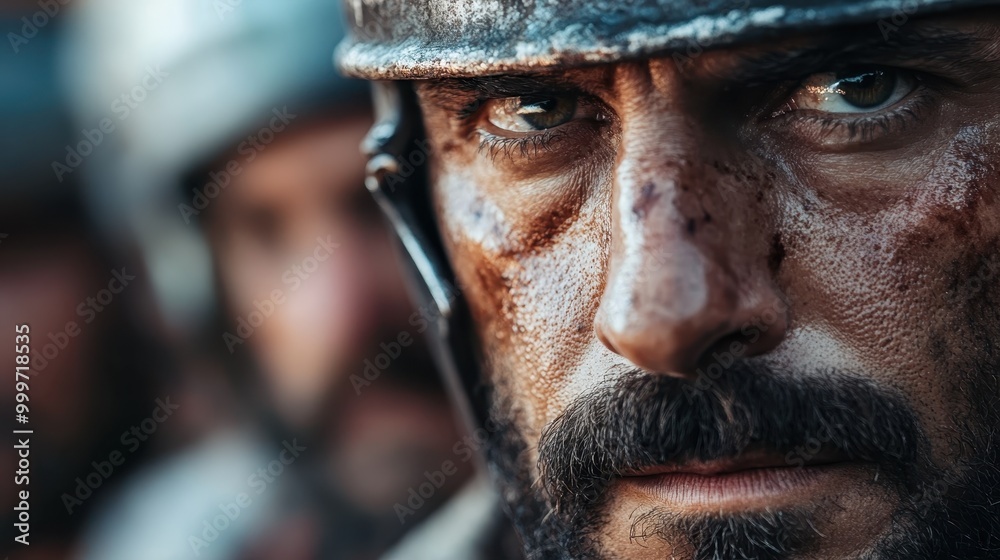 A close-up image capturing a person in armor, with a blurred background featuring a group of soldiers, creating a sense of historic or battle atmosphere. A close-up image capturing a person in armor, with a blurred background featuring a group of soldiers, creating a sense of historic or battle atmosphere.
