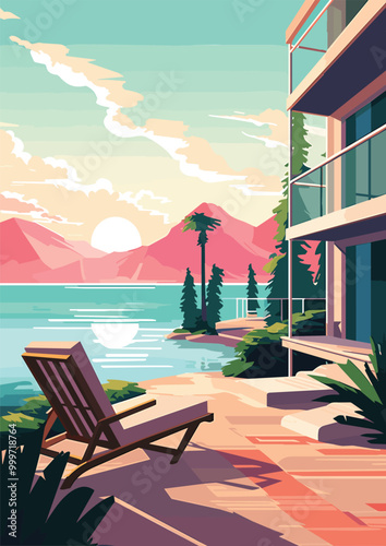 Peaceful Lake with Dock and Scenic Mountain Background Vector illustration for Tshirt design and Wallmate