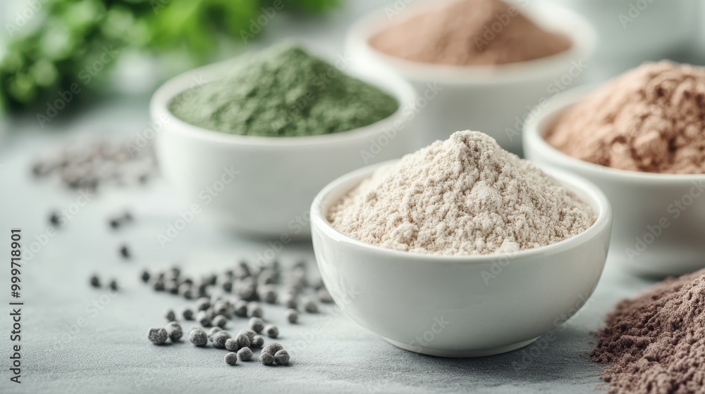 A collection of bowls filled with different colored powders such as green, white, and brown are spread across a surface, with pepper and foliage around them. A collection of bowls filled with different colored powders such as green, white, and brown are spread across a surface, with pepper and foliage around them.