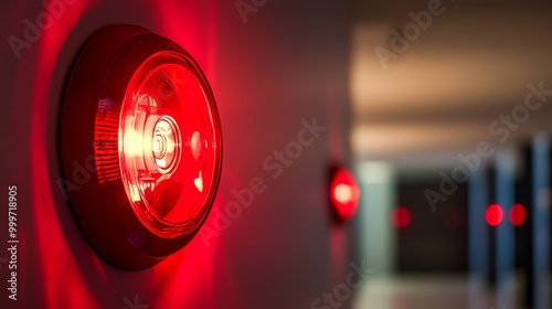 A wall-mounted red warning light spins and blinks while sounding an air raid siren, signifying an urgent emergency alert and emphasizing the need for immediate action and awareness photo