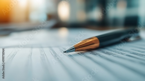 A focused image of an elegant pen resting on a sheet of paper, with a blurred background, highlighting the tool's role in writing and professional tasks.