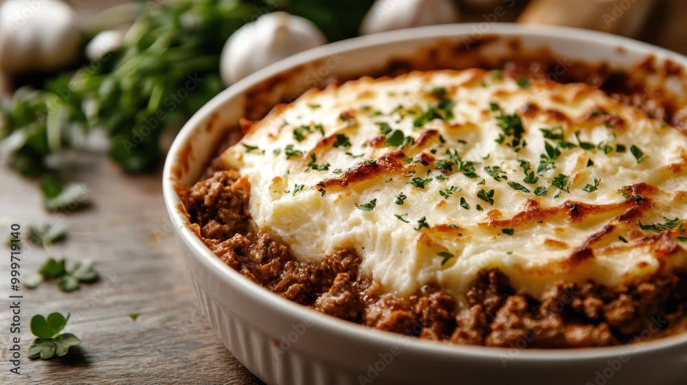 A freshly baked shepherd's pie showing browned mashed potato topping with finely chopped herbs, highlighting a classic comfort dish perfect for a hearty meal. A freshly baked shepherd's pie showing browned mashed potato topping with finely chopped herbs, highlighting a classic comfort dish perfect for a hearty meal.
