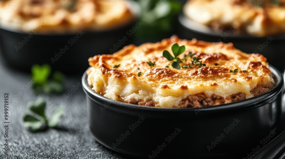 A visually appealing shot capturing savory individual portions of shepherd's pie, topped with mashed potatoes and a garnish of herbs, baked to a golden brown in black dishes. A visually appealing shot capturing savory individual portions of shepherd's pie, topped with mashed potatoes and a garnish of herbs, baked to a golden brown in black dishes.