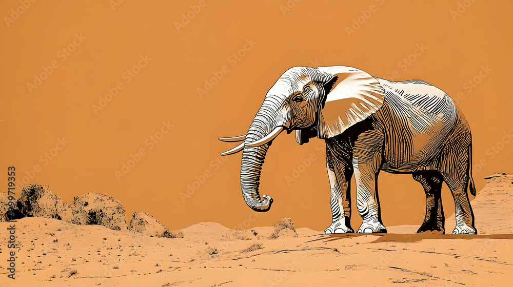 Fototapeta premium A Black and White Illustration of an Elephant Standing on a Desert Landscape with an Orange Background