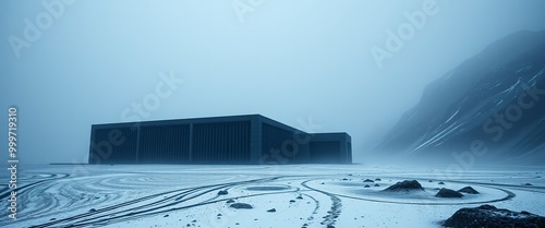 Ultra wide angke cinematic photo of a mesmerically moody dark and gloomy massively monolithic Scandinavian minimalism brutalist futuristic structure on an icelandic Norwegian Scandinavian mountain ext photo