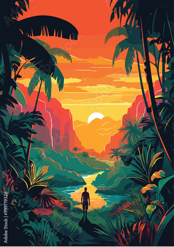 Tropical River Scene with Person and Sunset Sky Vector illustration for Tshirt design and Wallmate