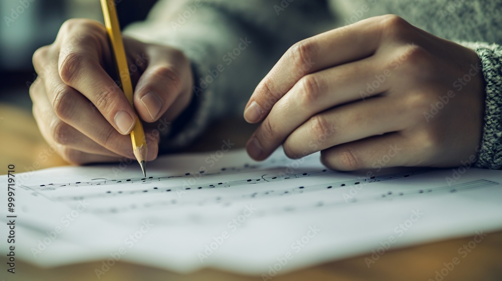 Close-up of a hand writing on sheet music with a pencil.
