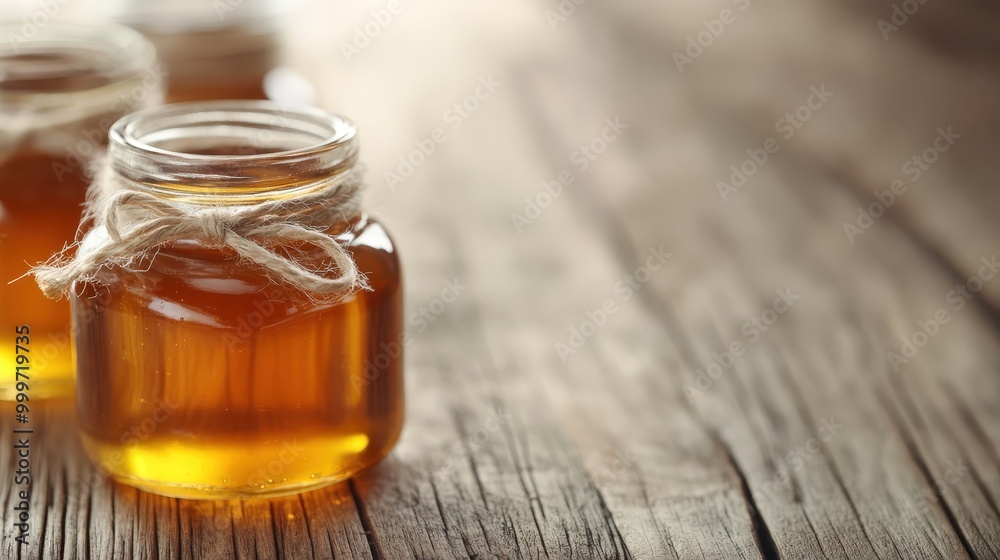 This serene image highlights golden honey in clear glass jars, each adorned with rustic twine bows. The natural wood backdrop enhances the organic and charming presentation.