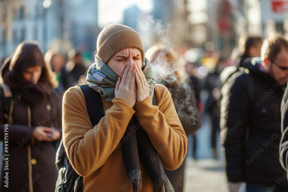 Crowds in the City Street During a Chilly Day as a Person Coughs, Potentially Spreading Illness Amid the Ongoing Covid-19 Pandemic