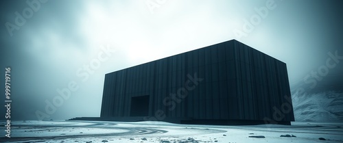 Ultra wide angke cinematic photo of a mesmerically moody dark and gloomy massively monolithic Scandinavian minimalism brutalist futuristic structure on an icelandic Norwegian Scandinavian mountain ext photo