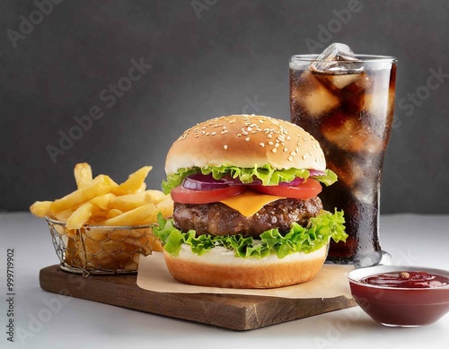 Delicious hamburger with cola and potato fries on the, white background photo