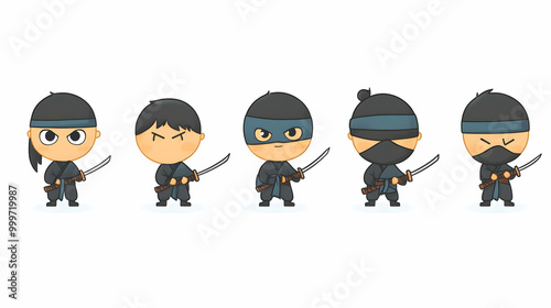 Five Cartoon Ninjas with Swords Standing in a Row Against a White Background photo