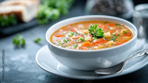 A delicious bowl of vegetable soup garnished with parsley, served in a white ceramic bowl, capturing the essence of a healthy and hearty meal, perfect for food features.