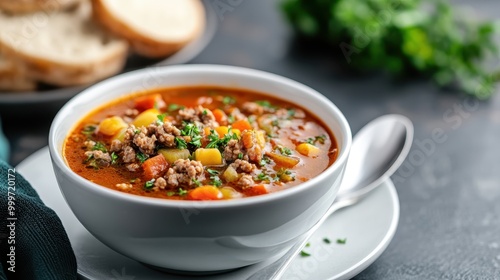 This image features a bowl of warm minced meat soup filled with an assortment of vegetables, garnished with herbs, served with sliced bread in the background for a wholesome meal.