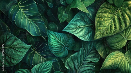 Wallpaper Mural Various green leaves with rich emerald hues and detailed veins form a stunning abstract background, evoking the calm of a tropical forest Torontodigital.ca
