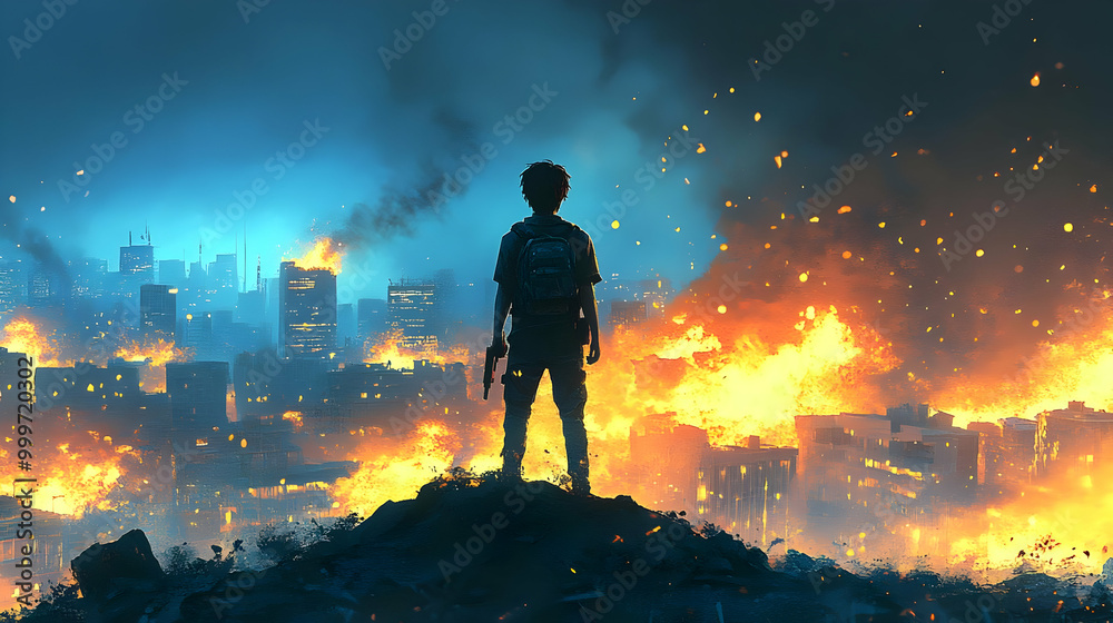 Fototapeta premium A lone figure stands on a hill, watching as a city burns in the distance, flames post apocalyptic cityscape
