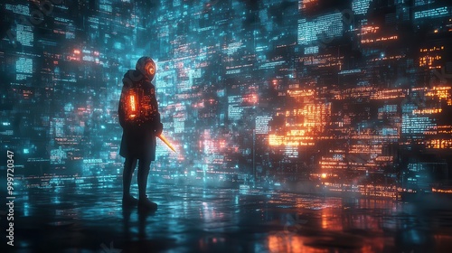 Wallpaper Mural futuristic ai writer bot with glowing circuits wielding luminous digital quill surrounded by holographic text projections Torontodigital.ca