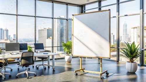 Large empty white wide whiteboard on wheels in a bright modern office space