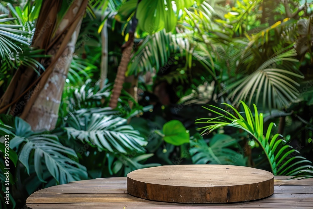 Fototapeta premium A simple wooden table with a plant in the background, great for interior design and home decor photoshoots