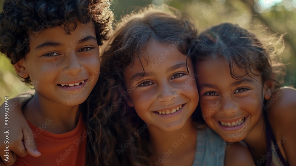 Fototapeta premium A portrait of three diverse children smiling together