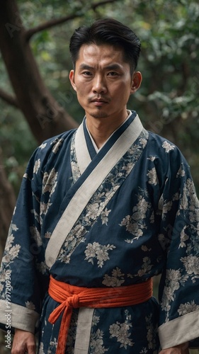 Young asian man wearing traditional japanese kimono with floral pattern, standing in forest setting