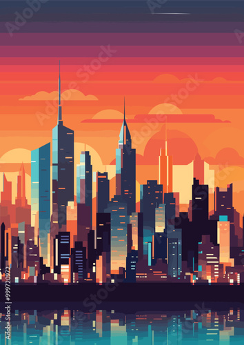 Vibrant City Skyline at Sunset Vector illustration for Tshirt design and Wallmate photo