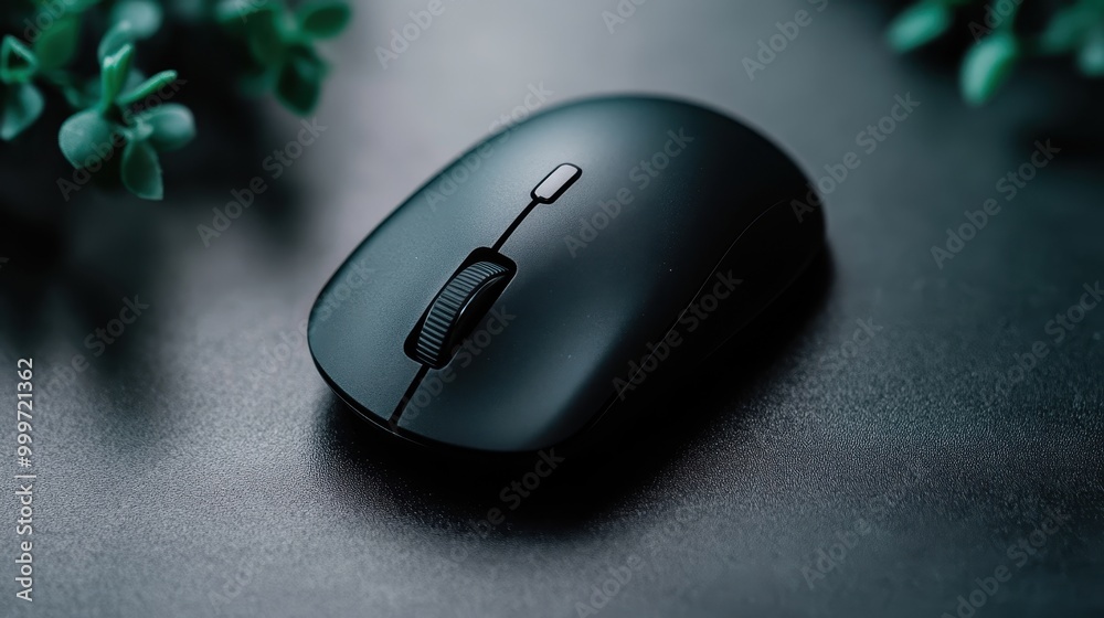 A sleek and modern black wireless mouse is showcased against a smooth dark background, highlighting its ergonomic design and minimalistic aesthetic in a contemporary style. A sleek and modern black wireless mouse is showcased against a smooth dark background, highlighting its ergonomic design and minimalistic aesthetic in a contemporary style.