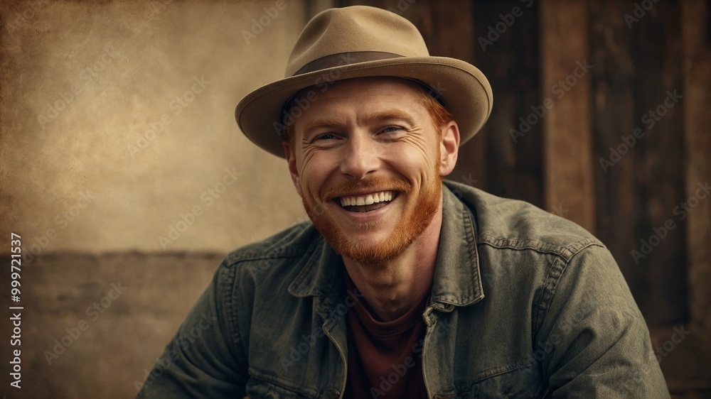 Middle-aged Caucasian man with short brown hair and beard, wearing tan hat and green jacket, smiling happily Middle-aged Caucasian man with short brown hair and beard, wearing tan hat and green jacket, smiling happily
