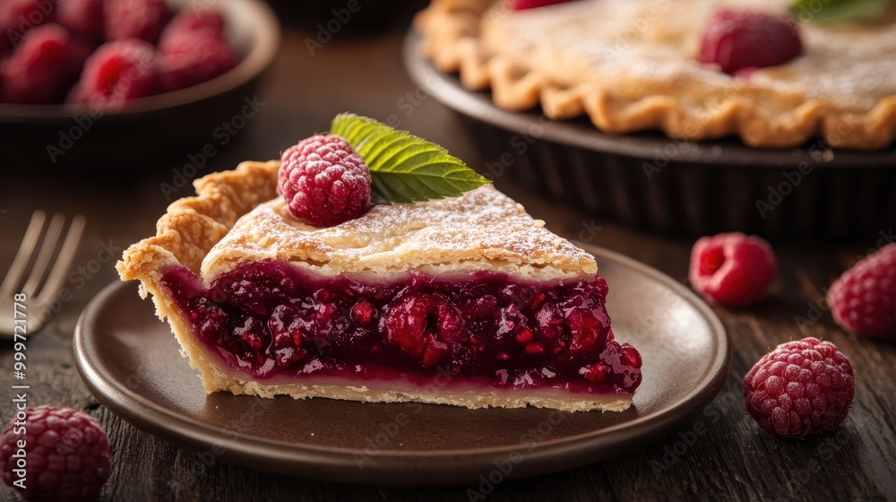 A tempting slice of raspberry pie, adorned with a fresh green leaf and topped with a whole raspberry, featuring a flaky golden crust and a vibrant filling on a deep brown plate. A tempting slice of raspberry pie, adorned with a fresh green leaf and topped with a whole raspberry, featuring a flaky golden crust and a vibrant filling on a deep brown plate.