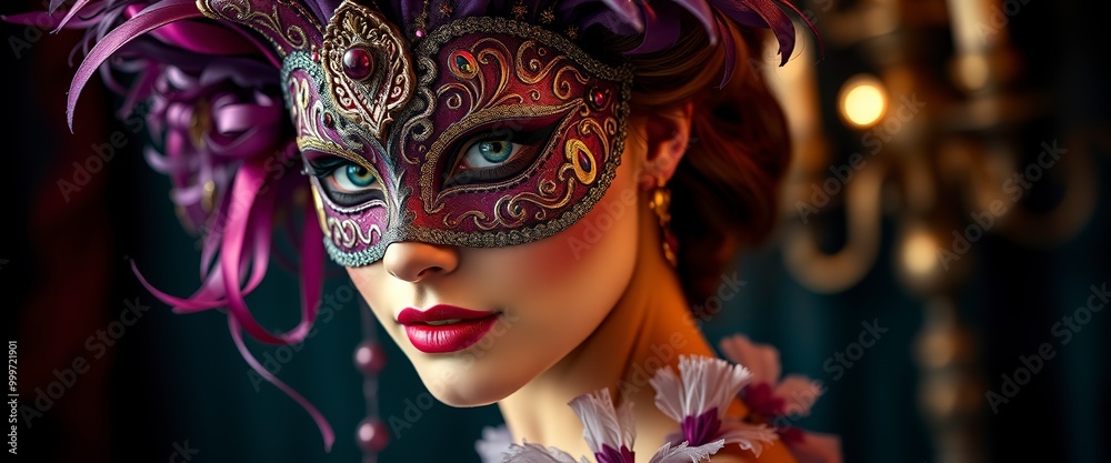 Portrait of a woman in a richly decorated masquerade mask. the mask has ...