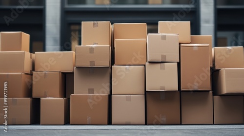 Numerous cardboard boxes are stacked beside a building outdoors, potentially representing moving, storage, or shipping activities, indicating organization and planning in logistics.