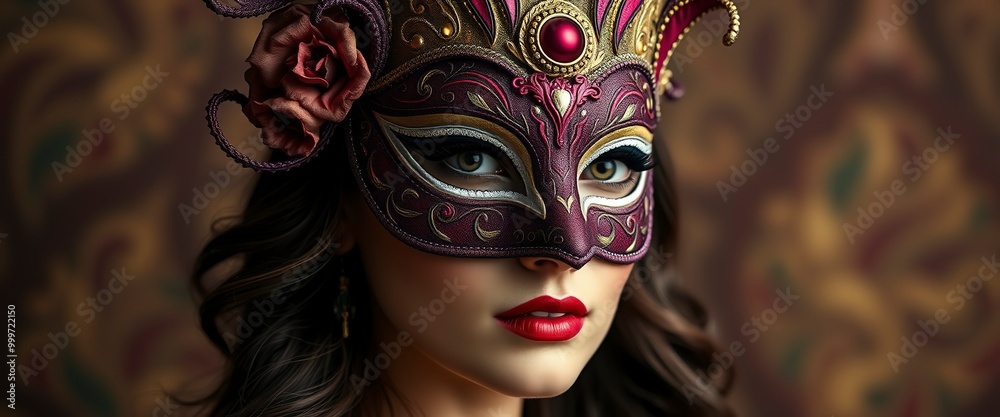 Portrait of a woman in a richly decorated masquerade mask. the mask has high detail and elegant style. the design creates an atmosphere of mystery, fantasy, and magic. Portrait of a woman in a richly decorated masquerade mask. the mask has high detail and elegant style. the design creates an atmosphere of mystery, fantasy, and magic.